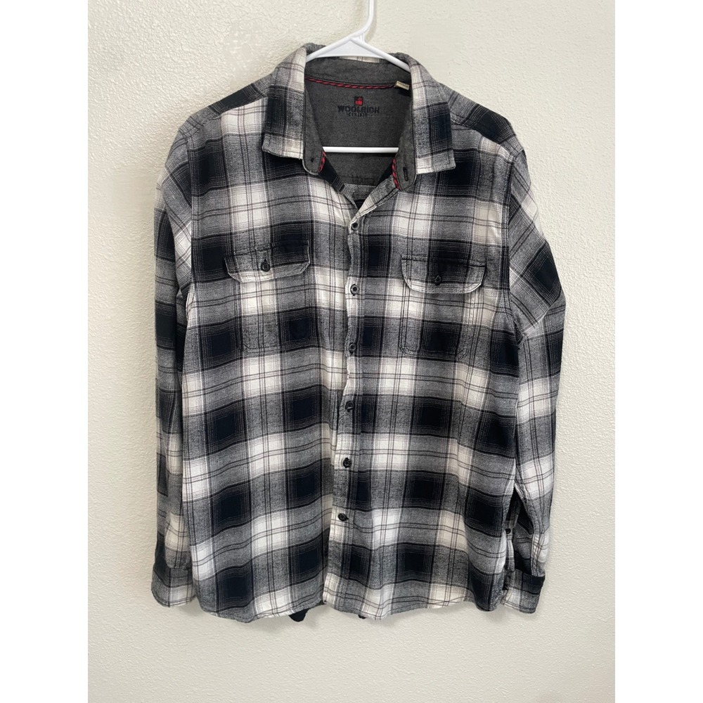 Woolrich Flannel Shirt Mens XL Black White Plaid Long Sleeve Excellent Cotton